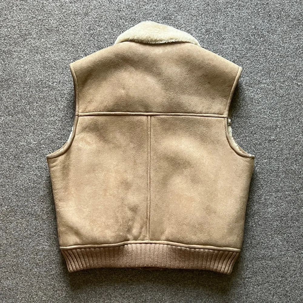 Vintage Overland Sheepskin Co. Suede Leather Collared Vest Fur Lined Made In USA_2